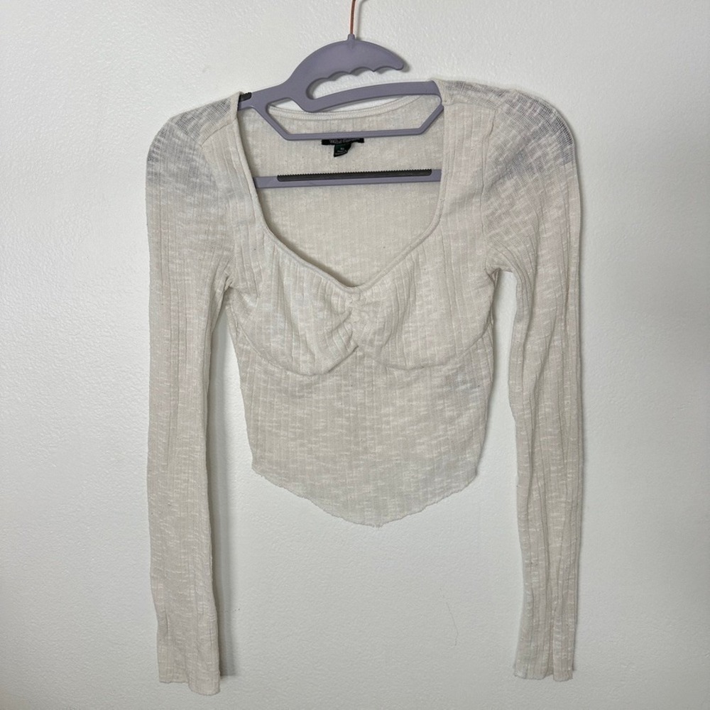 Wild Fable Cream Ribbed Crop Top XS Long Sleeve Ruched Bust Stretch